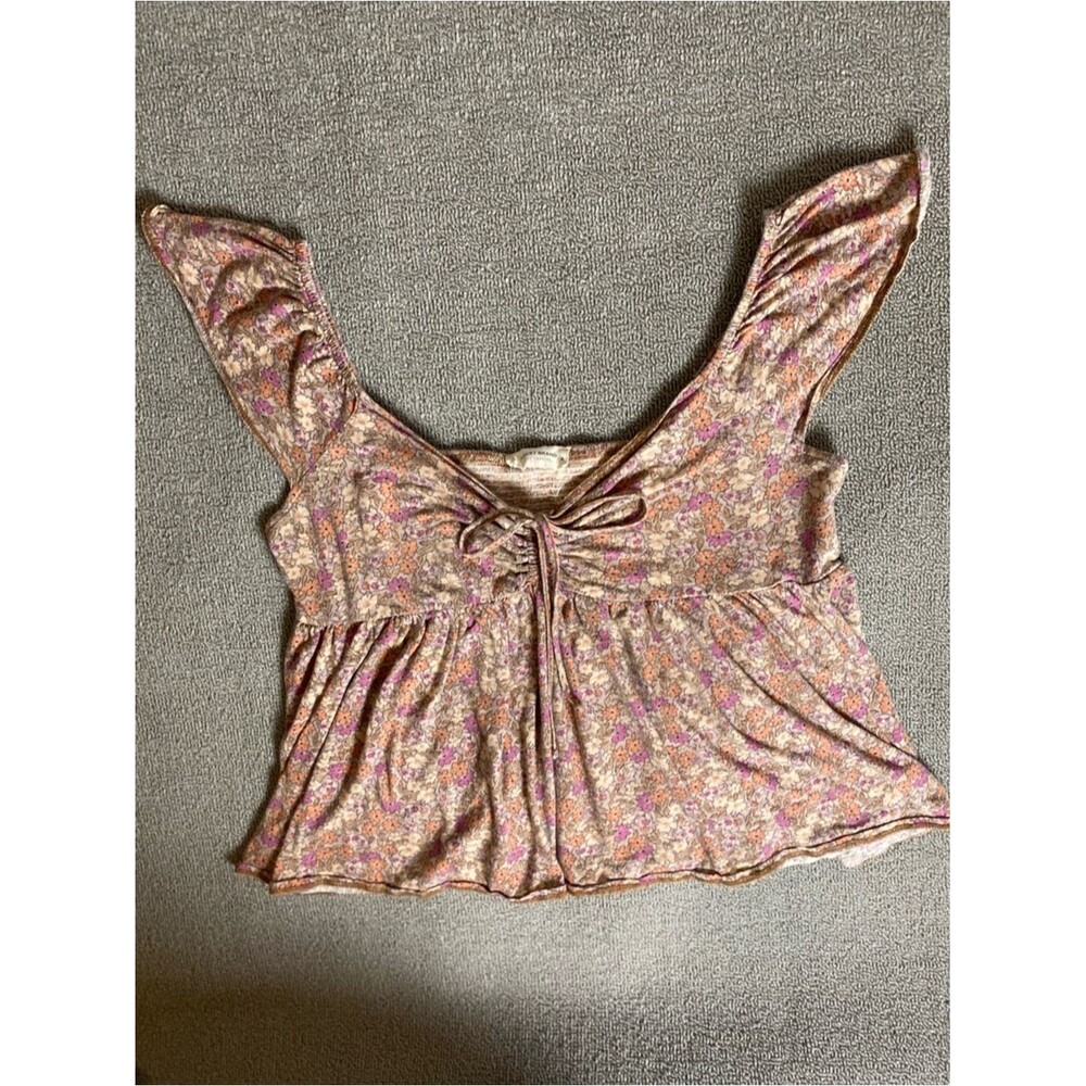 Lucky Brand Boho Floral Flutter Sleeve Y2K Inspired Flowy Baby Doll Crop Top